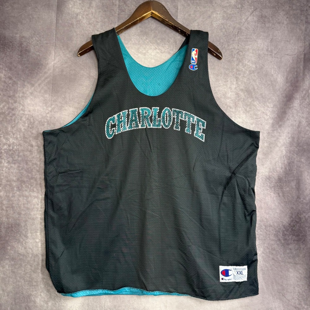 Vintage Champion Charlotte Reversible Mesh Jersey Tank Top XXL Black Teal USA
